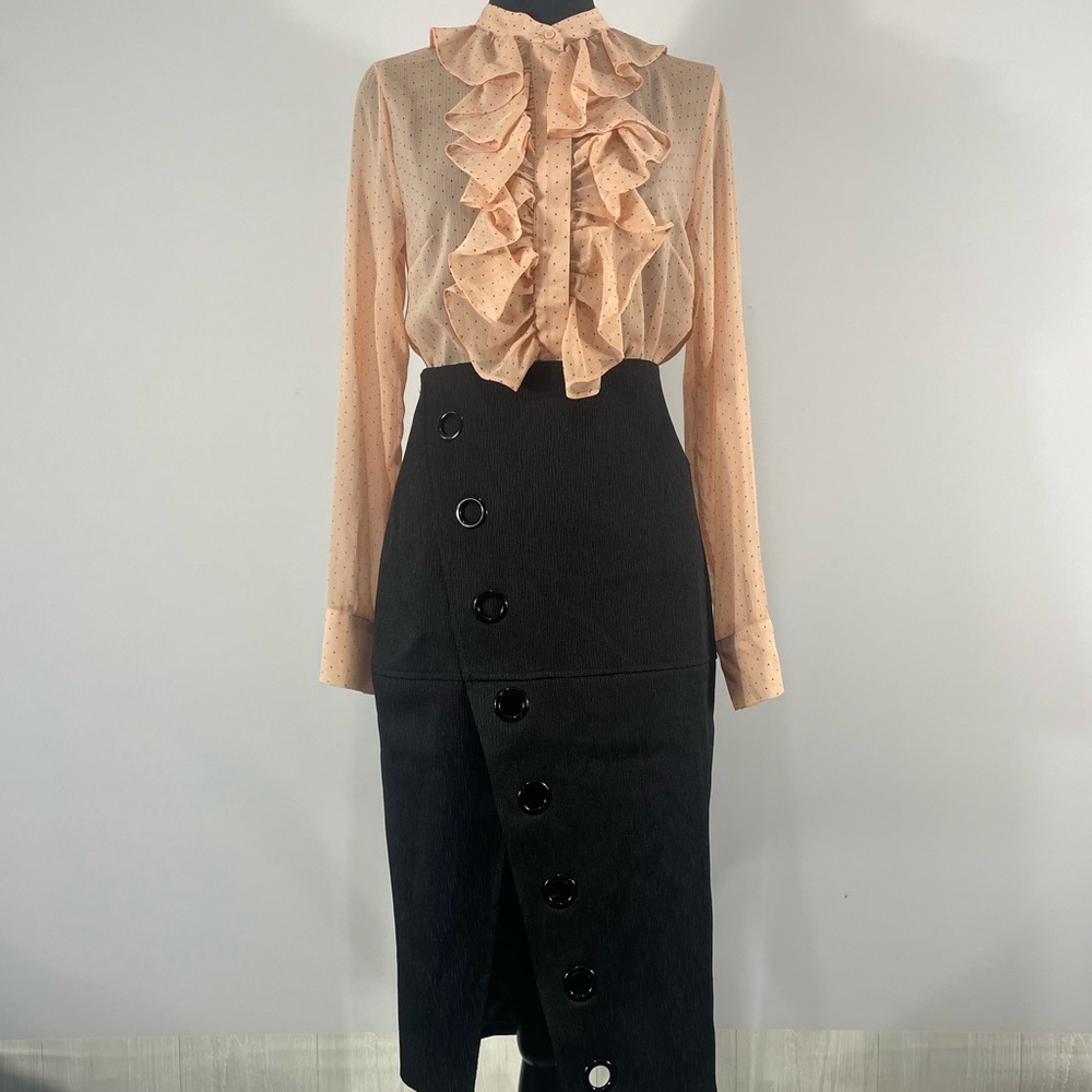 H & M Pink Polka Dot Ruffle top, Sheer, button up, Size Small - Picture 7 of 8